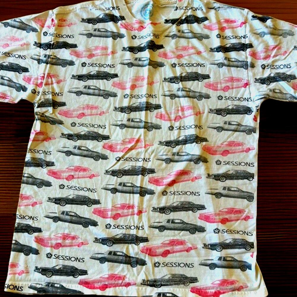 VTG 80s cars graphic print shirt Sessions Skateboards skater 90s retro grunge M